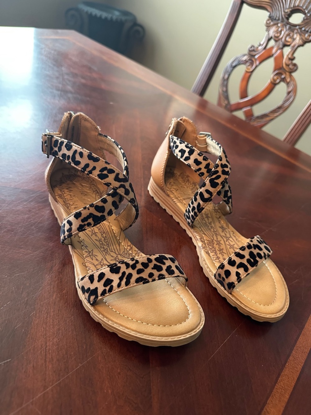 Blowfish Leopard Print Crisscross Wedge Sandals - Tan/Black